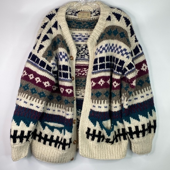 Sweaterman 100% Wool Ecuador Cardigan Sweater L/XL Hand Knit - Picture 1 of 9